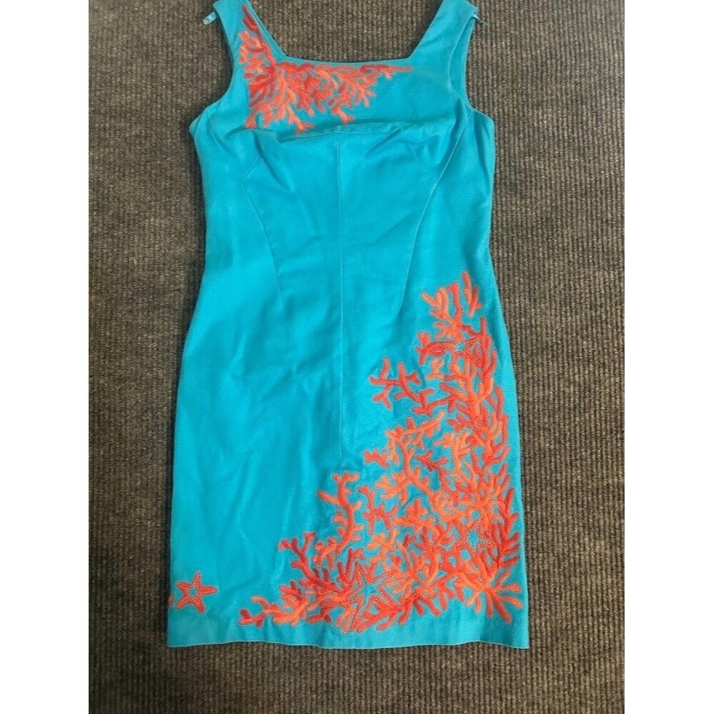 Lilly Pulitzer Turquoise Coral Embroidered Sheath Dress Sz 0